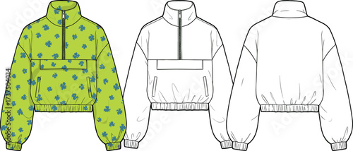 Art & IllustrationTrendy floral cropped windbreaker jacket, half zip pullover design, colorful outerwear fashion, front and back view technical sketch