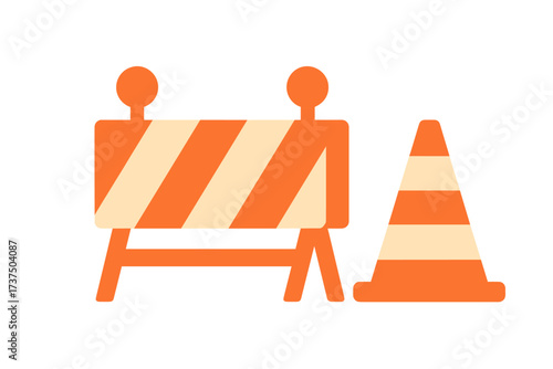 Orange and white striped construction barrier with a traffic cone for road safety