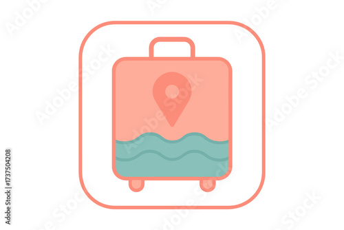 Travel suitcase icon with location pin and water waves indicating adventure style design