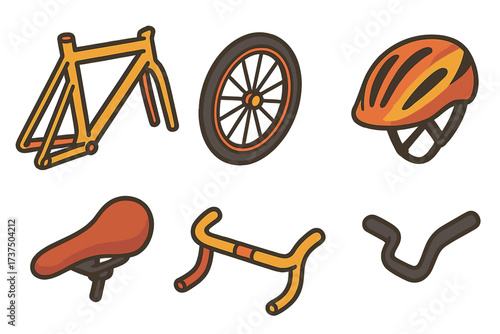 Bicycle parts including frame, wheel, helmet, saddle, handlebar, and brake lever in vibrant colors