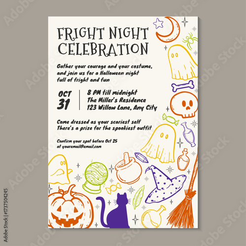Fright night celebration invitation with colourful hand-drawn objects. Vector illustration hand drawn halloween party invitation template.