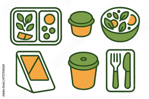 Collection of food packaging and dining icons for takeaway meals and healthy eating