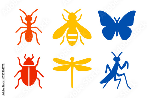 Colorful illustrations of various insects displaying their unique shapes and characteristics in a clear design