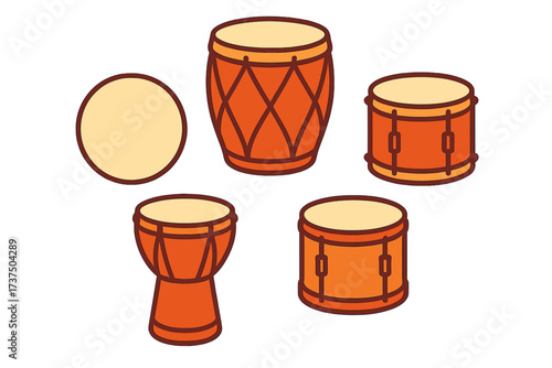 Various types of orange drums and percussion instruments on a soft background