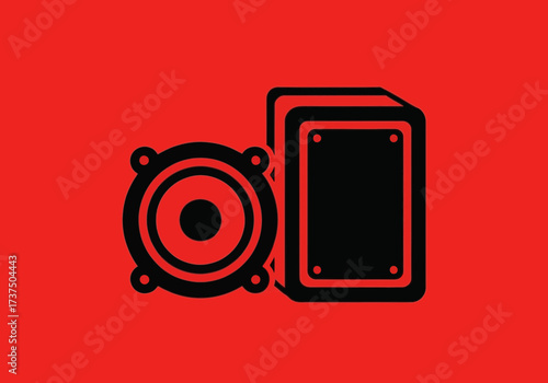 Black Audio Speaker and Subwoofer Icon on Solid Red Background