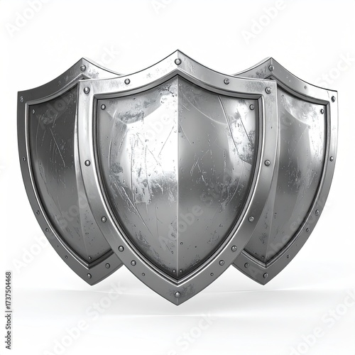 Three metal shields with rivets, worn and scratched
