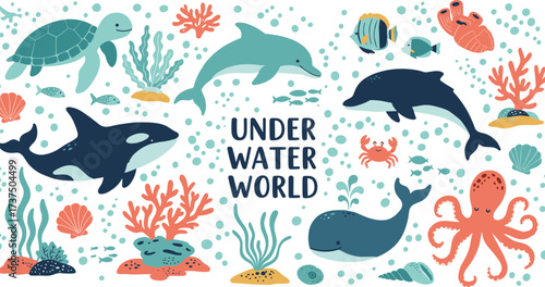 Art & IllustrationUnderwater world illustration with marine animals, sea creatures, ocean life, colorful corals, cute cartoon whales, fish, turtles, and