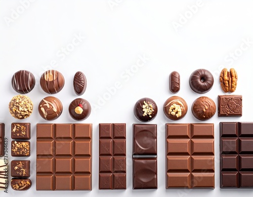 Assorted chocolates and bars arranged on a white surface