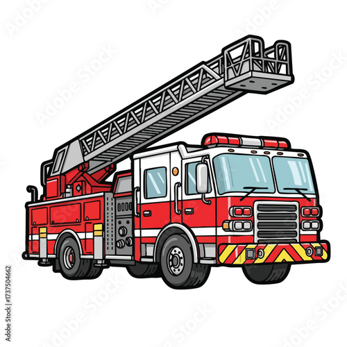 Red and White Fire Truck with Extended Ladder.