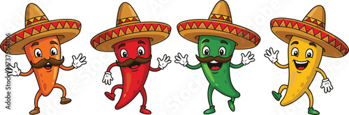 Art & IllustrationCartoon chili peppers with sombreros, dancing spicy vegetables, Mexican fiesta fun, colorful hot peppers characters, festive cultural food illustration
