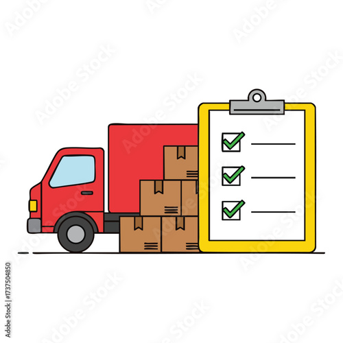 Red Delivery Truck with Cargo and Checklist.