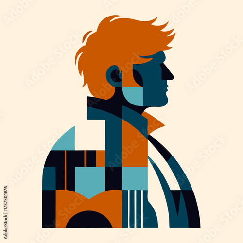 Abstract, geometric portrait of a man's profile with dynamic hair and jacket, created using color-blocked shapes in blue, teal, and orange in a modern art style.