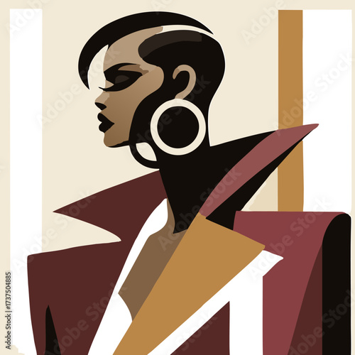 
Abstract, geometric portrait of a stylish woman with a short haircut, large hoop earring, and a dramatic collared jacket, rendered in a retro art deco style.