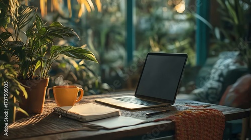 Cozy workspace with laptop, plants, and warm sunlight streaming through the window. Perfect for remote work or creative inspiration.