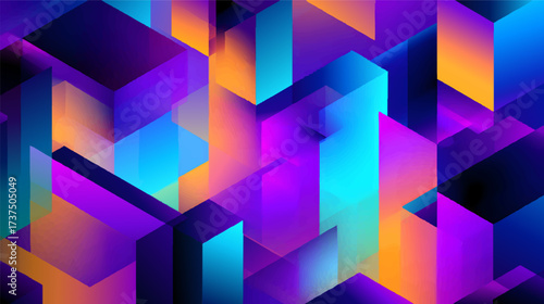 A vibrant abstract digital landscape featuring colorful geometric shapes and lines, creating a futuristic city-like appearance