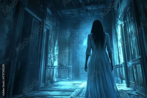 Creepy ghost woman in dark haunted house.
