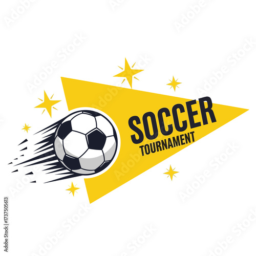 Vector art of soccer tournament logo featuring a dynamic soccer ball with motion lines and a yellow triangle with stars, creating a sporty design