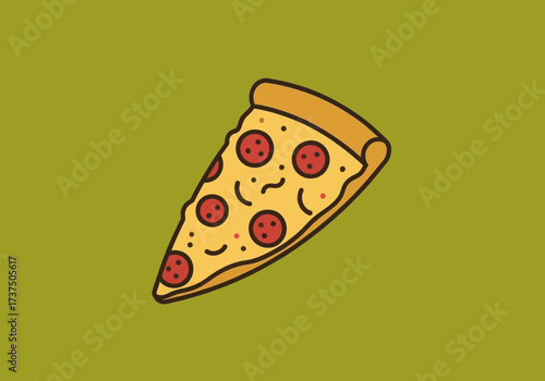 Delicious slice of pepperoni pizza with melted cheese and fresh toppings on an olive green background.