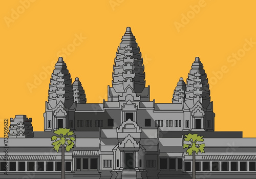 Detailed illustration of the ancient Angkor Wat temple complex in Cambodia under a bright orange sky.