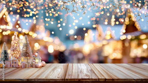 Festive wooden table with decorative trees and lights, creating a magical holiday atmosphere in a Christmas market setting