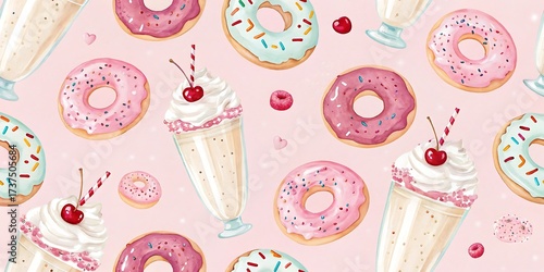 Seamless pattern of delicious donuts and milkshakes with cherry on top, perfect for a sweet treat background.
