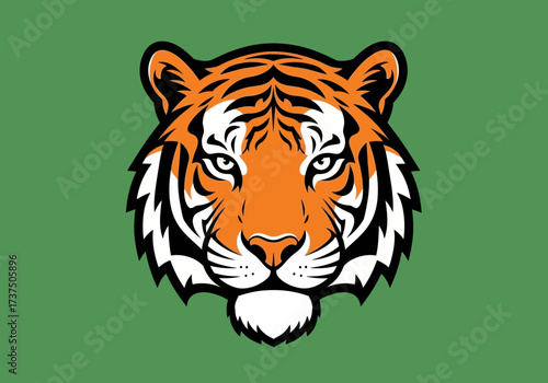 Fierce Tiger Head with Striped Fur and Roaring Expression on a Vibrant Green Background
