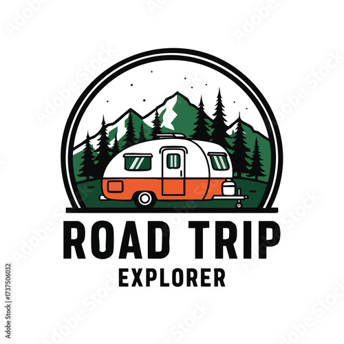 Road Trip Explorer Vintage Travel Trailer Adventure Logo.