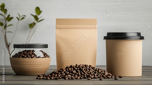 A coffee bag and cup with beans. A simple, elegant shot for coffee lovers and businesses.