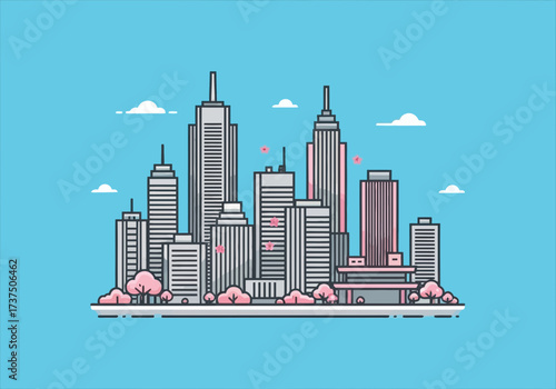Flat Design Cityscape with Modern Skyscrapers and Pink Sakura Trees on a Clear Blue Sky
