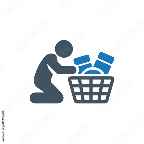 Person picking up items from a basket concept of picking up, collecting, gathering, and organizing