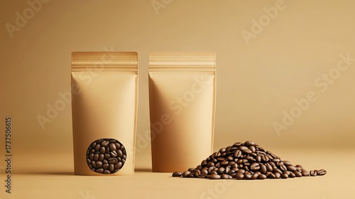 A coffee-themed still life featuring a bag, jar, and pile of coffee beans, set against a neutral background.