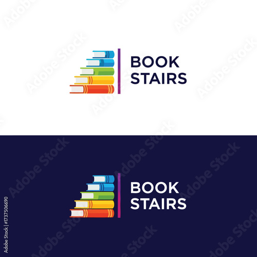 Vector art of book stairs logo design, , representing education, learning, and growth through literature in a colorful and symbolic manner