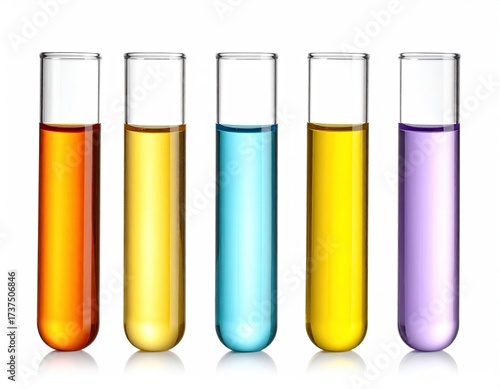 Five test tubes filled with various colored liquids