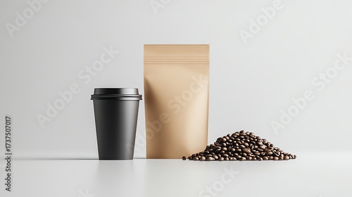 A rustic coffee scene. Coffee beans, a package, and a cup sit on a wooden table, with a scenic view in the background.