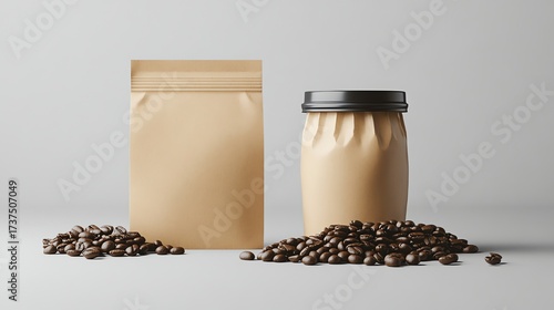 A rustic coffee scene. Coffee beans, a package, and a cup sit on a wooden table, with a scenic view in the background.