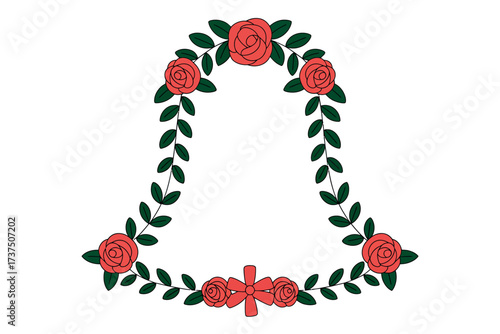 Illustration of a bell shape made of roses and green leaves vines