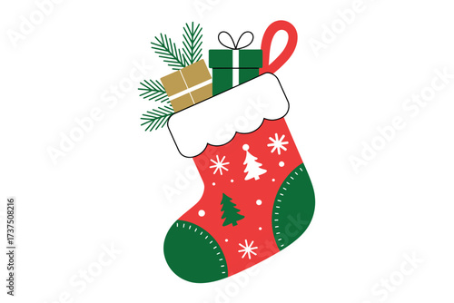 Festive christmas stocking filled with gifts and evergreen branches