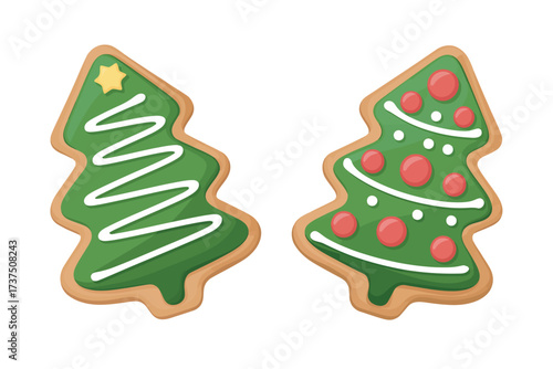 Two christmas tree cookies decorated with green icing and frosting