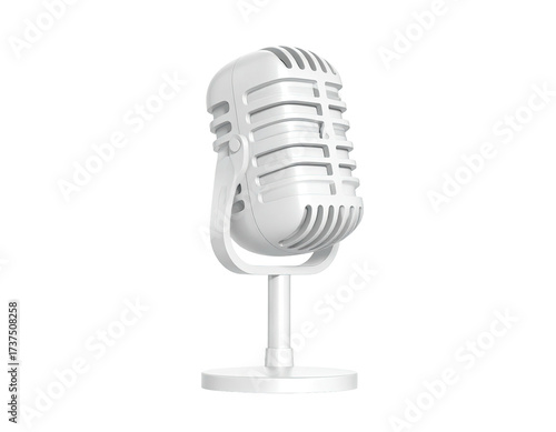 A gleaming white vintage microphone stands isolated against a stark black background