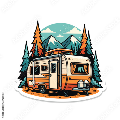 Vintage Camper Trailer in a Scenic Mountain Forest Illustration.