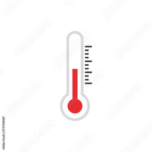 Thermometer displaying a warm temperature with a red liquid rising within a grey outlined glass tube.