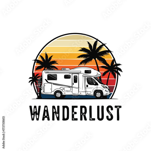 Wanderlust RV Travel Adventure Sunset Logo.