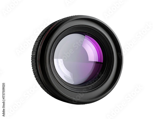 Professional photographic lens with complex internal optics reflecting purple hues