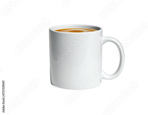 A white mug holds hot beverage with a swirl on a black background
