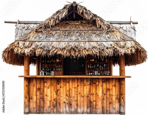 Thatched-roof wooden bar with bottles on display