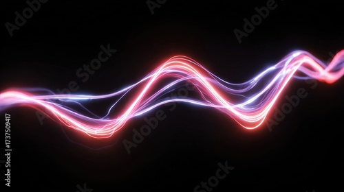 Glowing energy strands, red and blue, flowing across a black background, like electricity