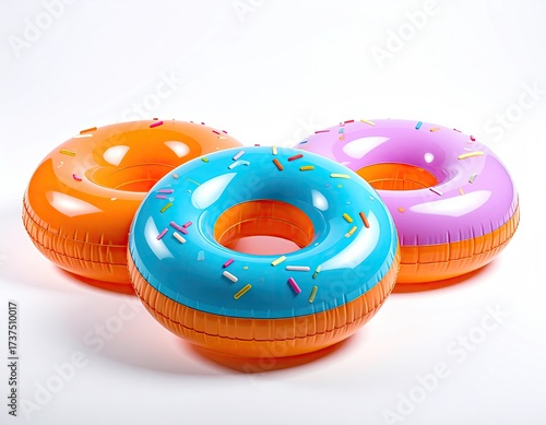 Three colorful inflatable donut pool floats on white
