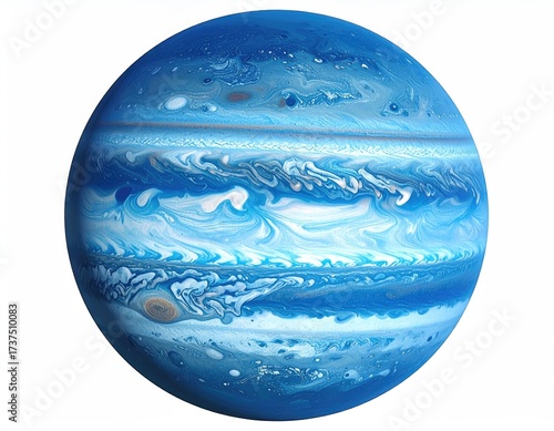 Blue planet with swirling clouds, horizontal bands