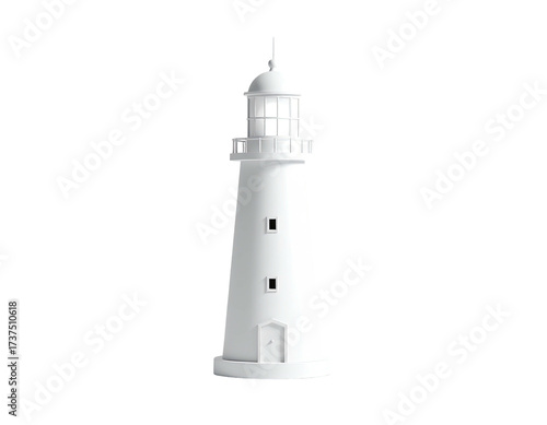 A pristine white lighthouse against a black background, rendered with a realistic look