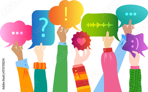 Human hands up and holding colorful speech bubbles. Vector horizontal border with decoration elements.